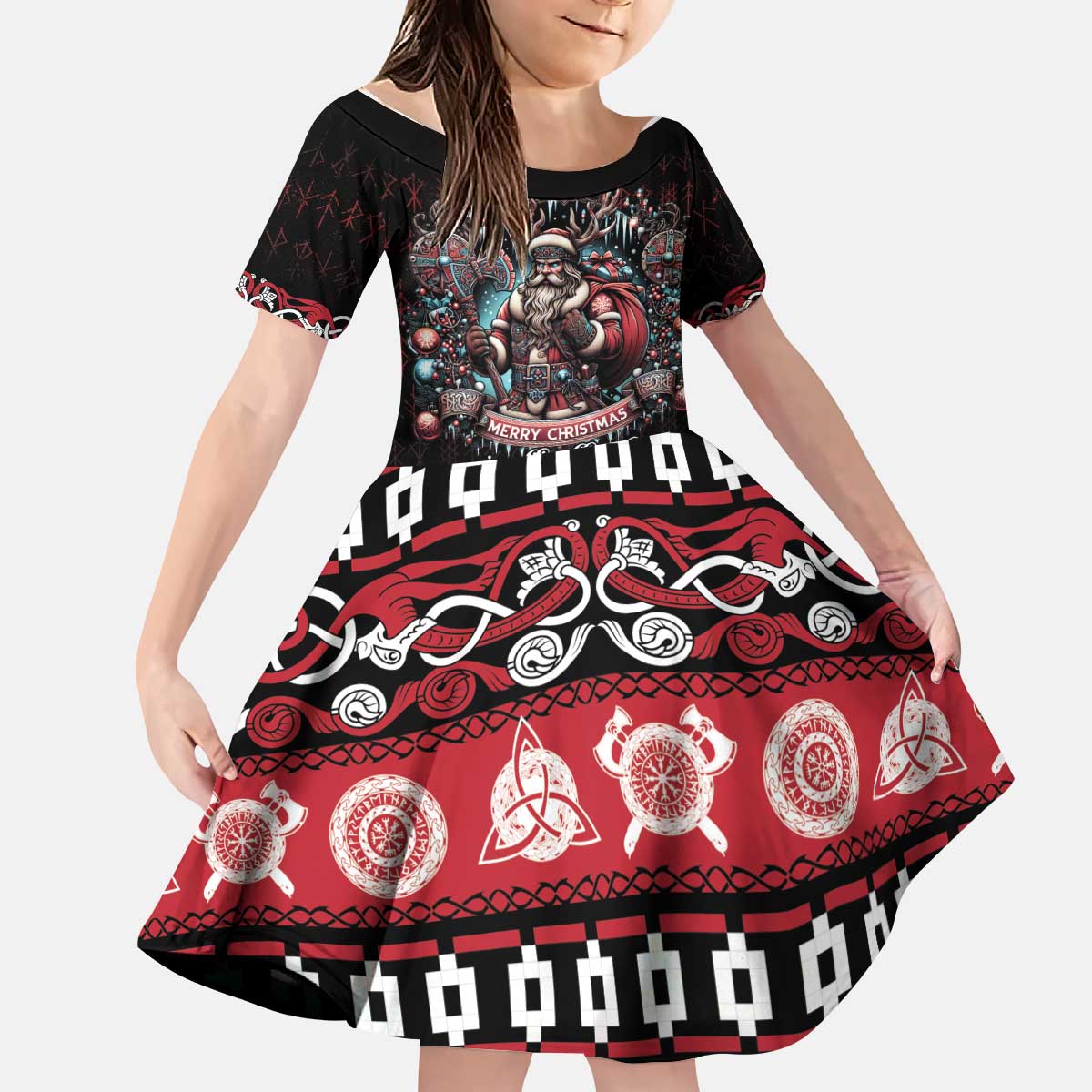 Viking Santa Christmas Kid Short Sleeve Dress Valhalla-la Nordic Xmas Spirit - Wonder Print Shop
