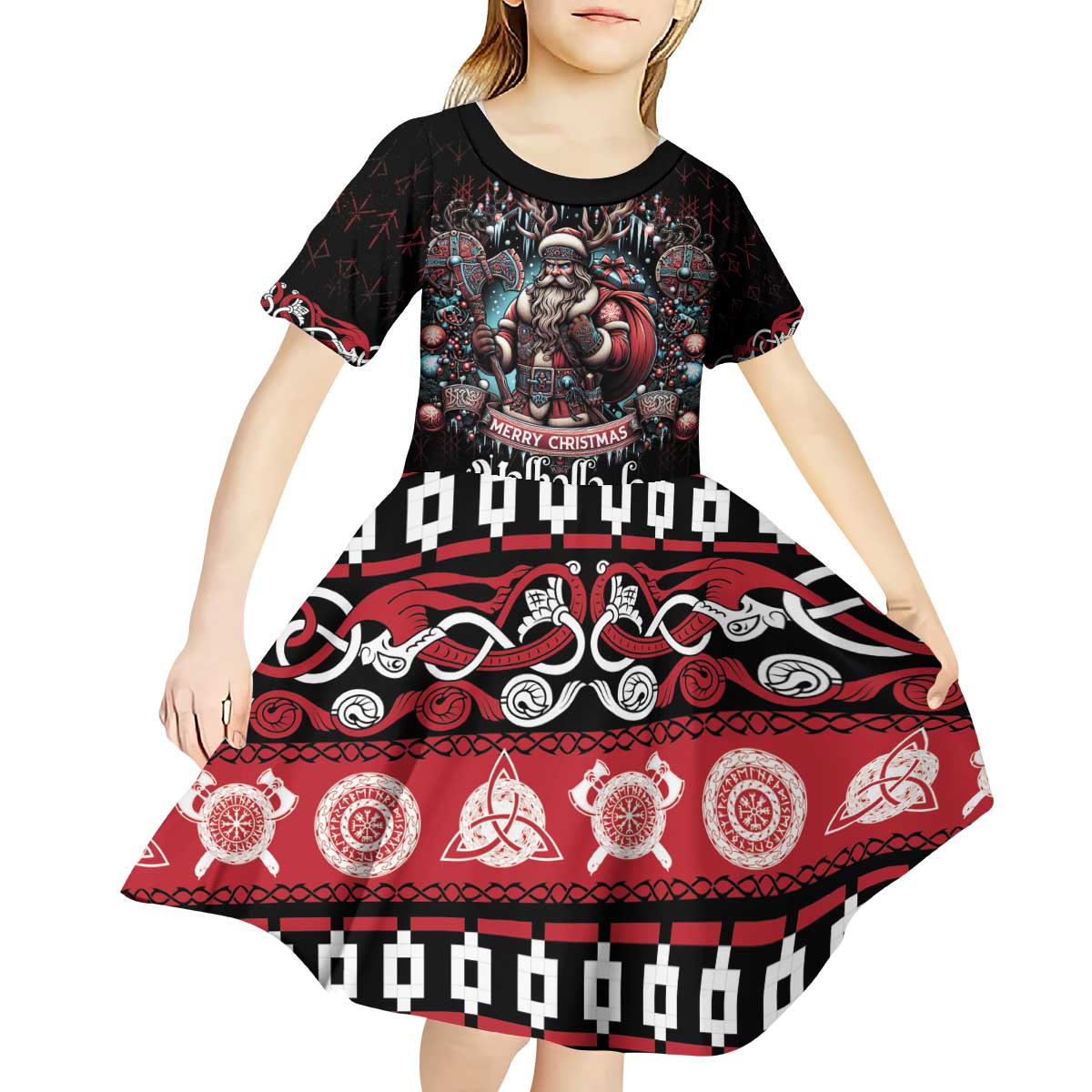 Viking Santa Christmas Kid Short Sleeve Dress Valhalla-la Nordic Xmas Spirit - Wonder Print Shop