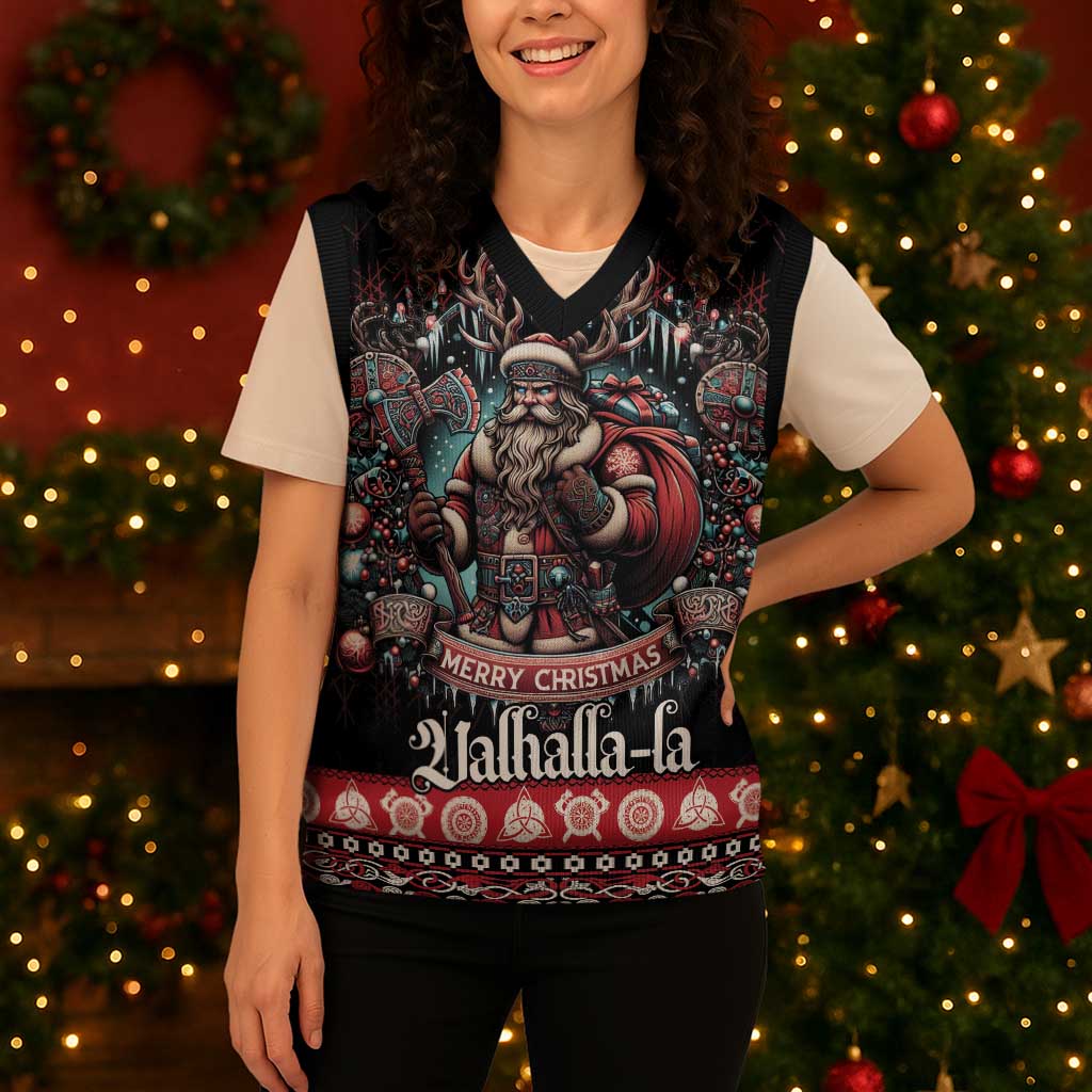 Viking Santa Christmas Knitted V-Neck Vest Valhalla-la Nordic Xmas Spirit - Wonder Print Shop