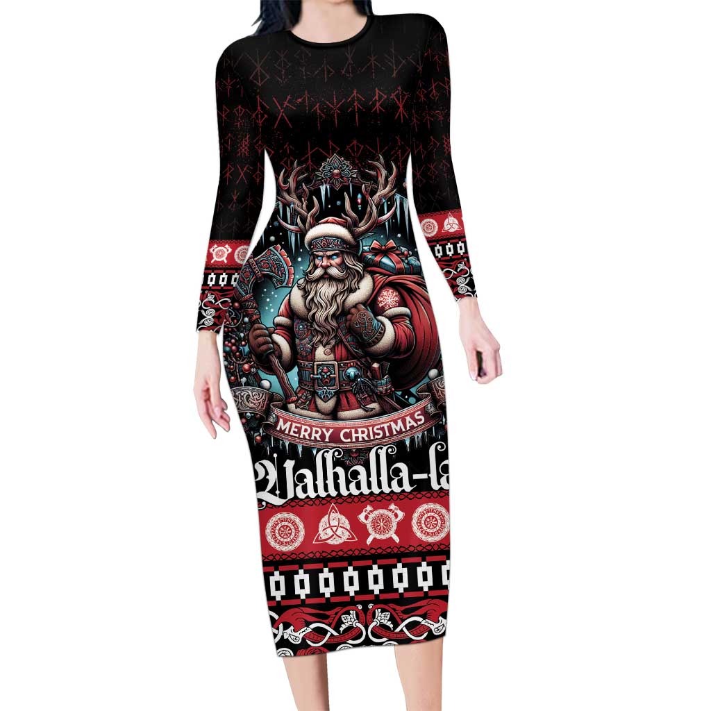 Viking Santa Christmas Long Sleeve Bodycon Dress Valhalla-la Nordic Xmas Spirit - Wonder Print Shop