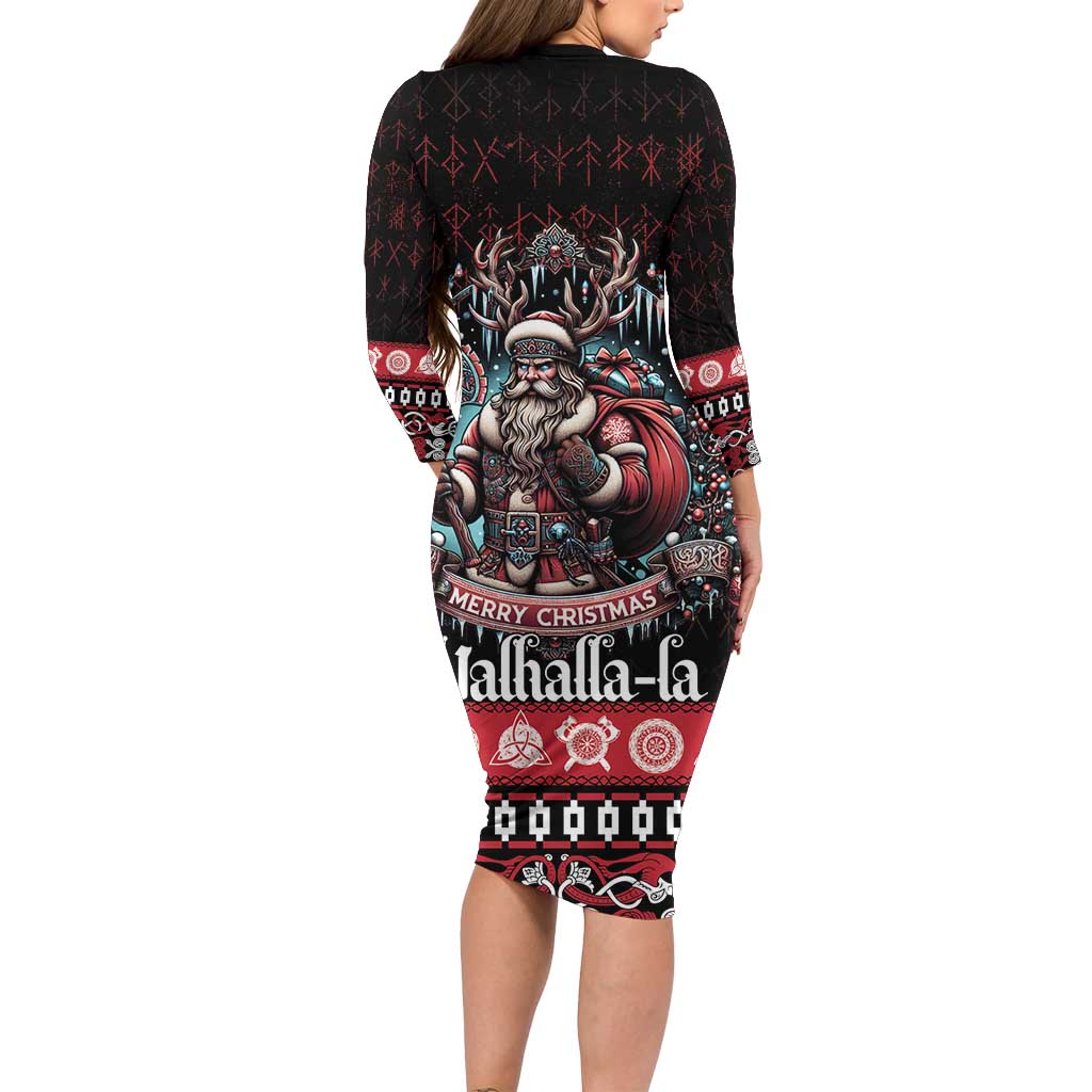 Viking Santa Christmas Long Sleeve Bodycon Dress Valhalla-la Nordic Xmas Spirit - Wonder Print Shop