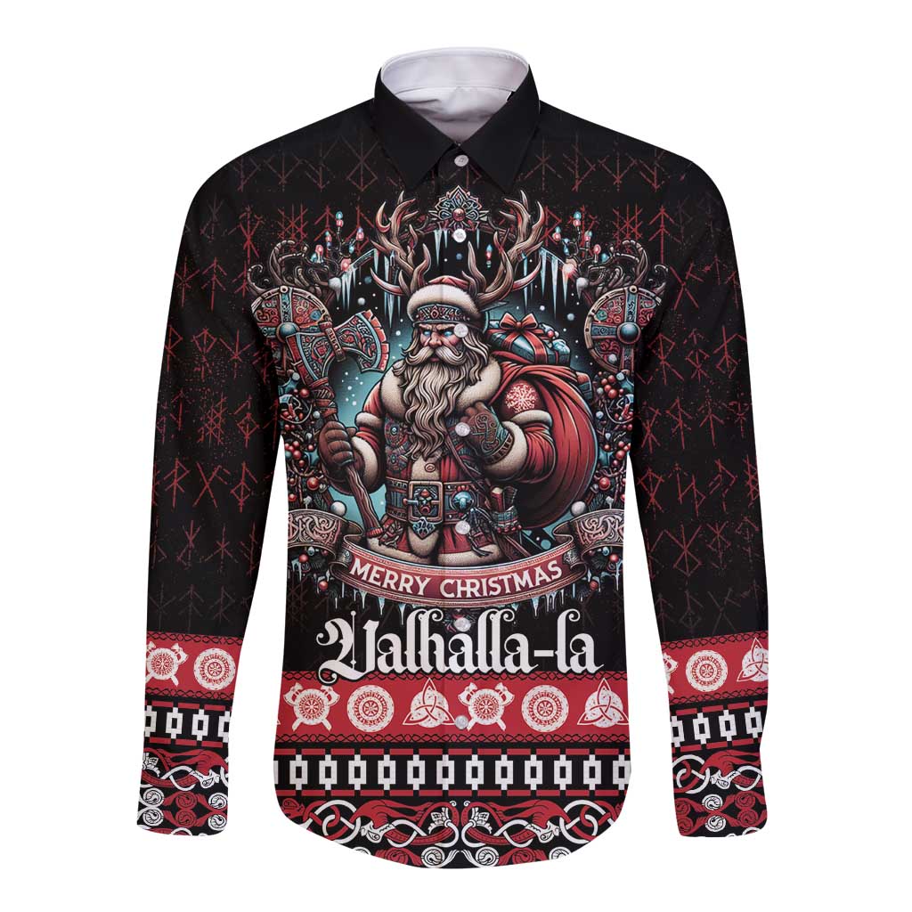 Viking Santa Christmas Long Sleeve Button Shirt Valhalla-la Nordic Xmas Spirit - Wonder Print Shop