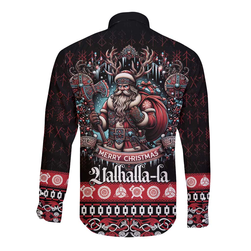 Viking Santa Christmas Long Sleeve Button Shirt Valhalla-la Nordic Xmas Spirit - Wonder Print Shop