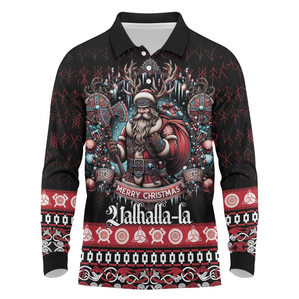 Viking Santa Christmas Long Sleeve Polo Shirt Valhalla-la Nordic Xmas Spirit - Wonder Print Shop