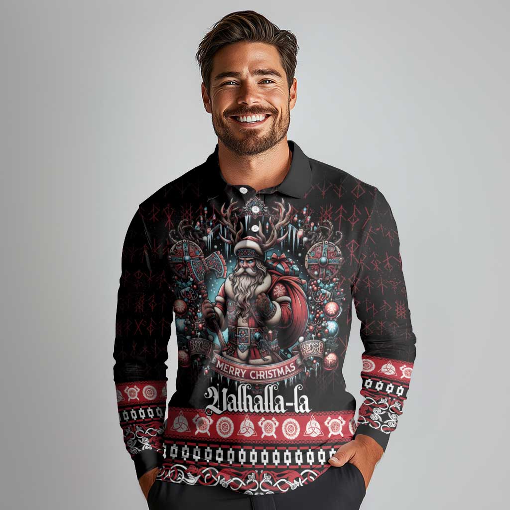 Viking Santa Christmas Long Sleeve Polo Shirt Valhalla-la Nordic Xmas Spirit - Wonder Print Shop