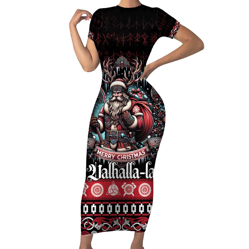 Viking Santa Christmas Short Sleeve Bodycon Dress Valhalla-la Nordic Xmas Spirit - Wonder Print Shop