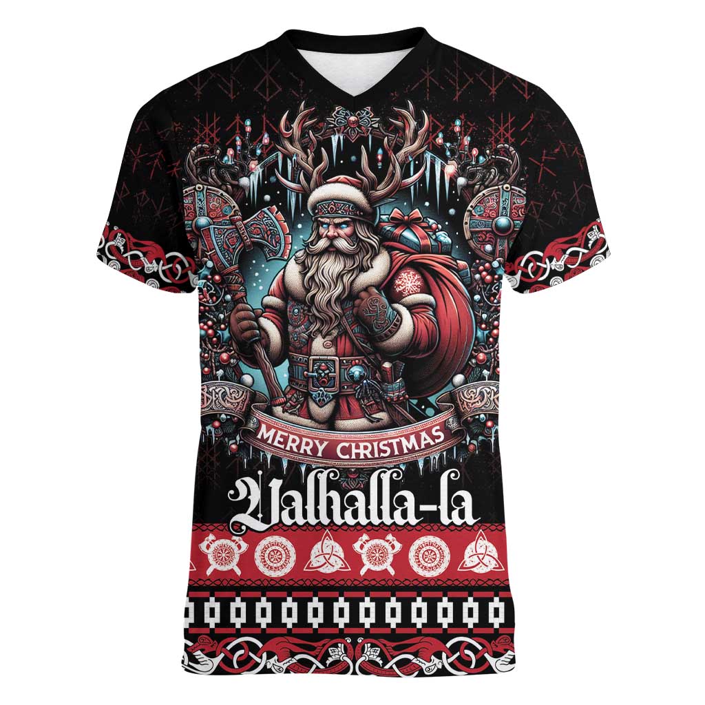 Viking Santa Christmas Women V-Neck T-Shirt Valhalla-la Nordic Xmas Spirit - Wonder Print Shop