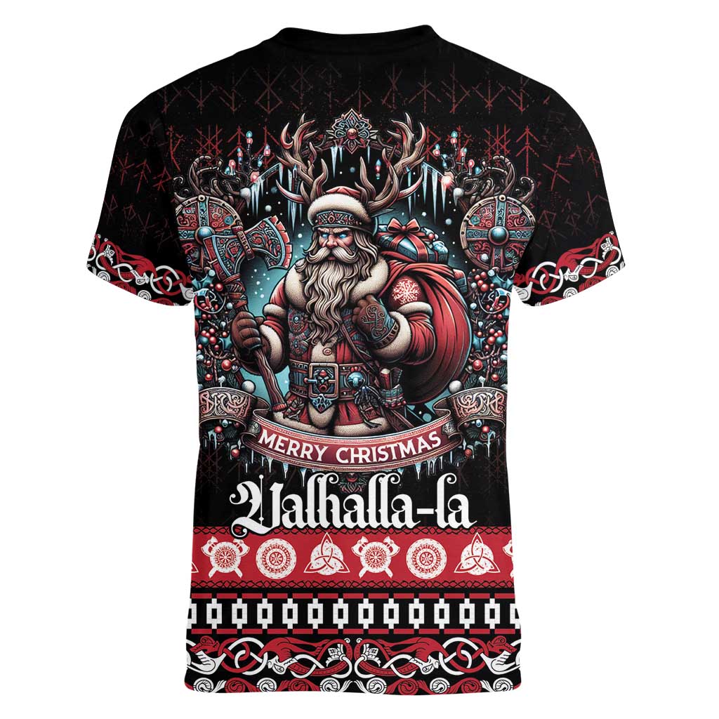Viking Santa Christmas Women V-Neck T-Shirt Valhalla-la Nordic Xmas Spirit - Wonder Print Shop