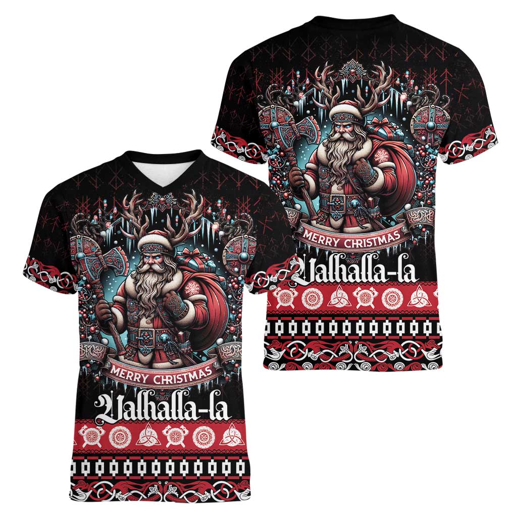 Viking Santa Christmas Women V-Neck T-Shirt Valhalla-la Nordic Xmas Spirit - Wonder Print Shop