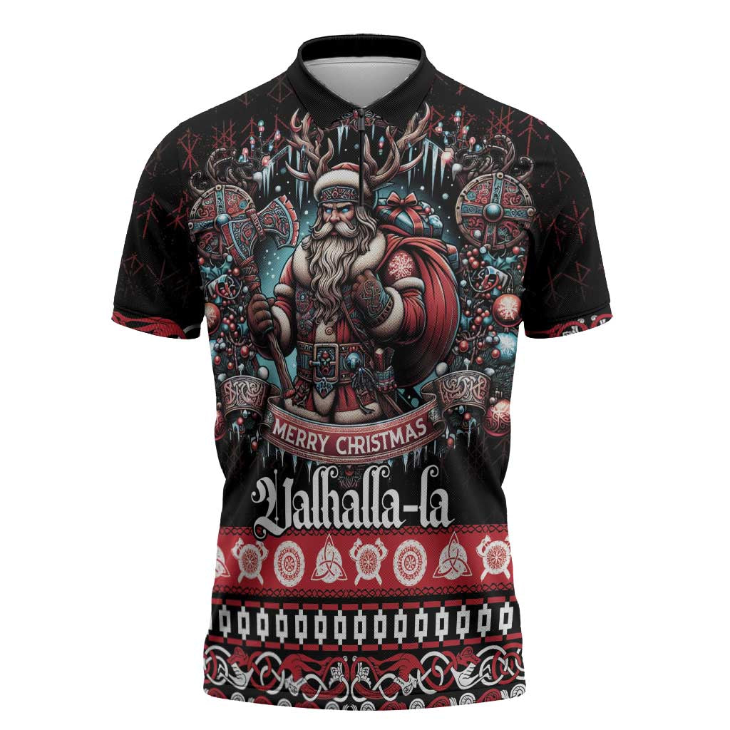 Viking Santa Christmas Zipper Polo Shirt Valhalla-la Nordic Xmas Spirit - Wonder Print Shop
