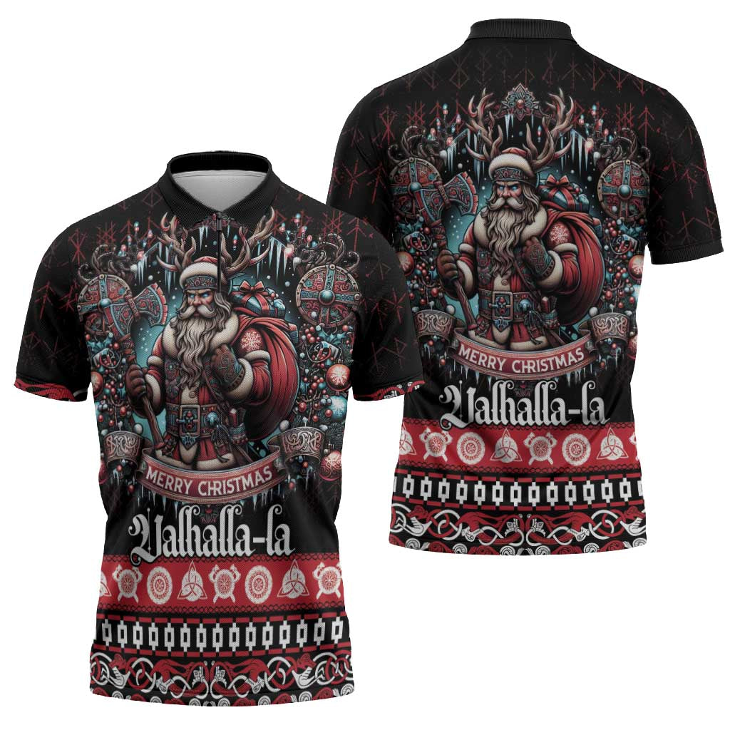 Viking Santa Christmas Zipper Polo Shirt Valhalla-la Nordic Xmas Spirit - Wonder Print Shop