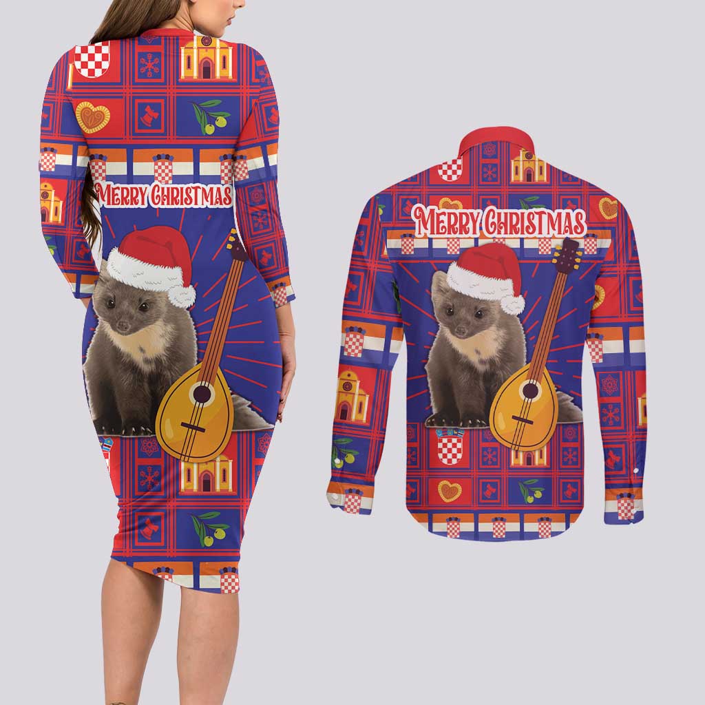 Croatia Christmas Couples Matching Long Sleeve Bodycon Dress and Long Sleeve Button Shirt Kuna Zlatica Merry Xmas - Wonder Print Shop