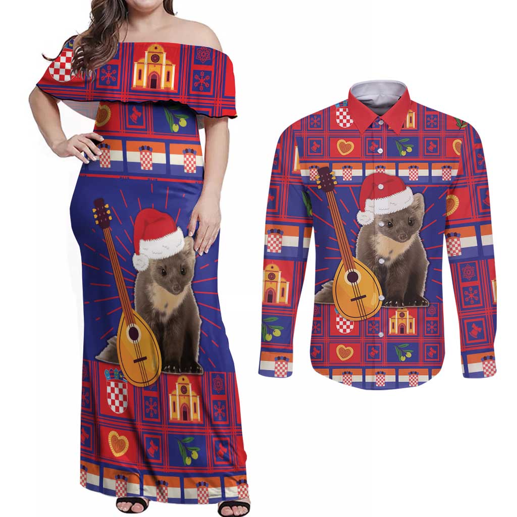 Croatia Christmas Couples Matching Off Shoulder Maxi Dress and Long Sleeve Button Shirt Kuna Zlatica Merry Xmas - Wonder Print Shop
