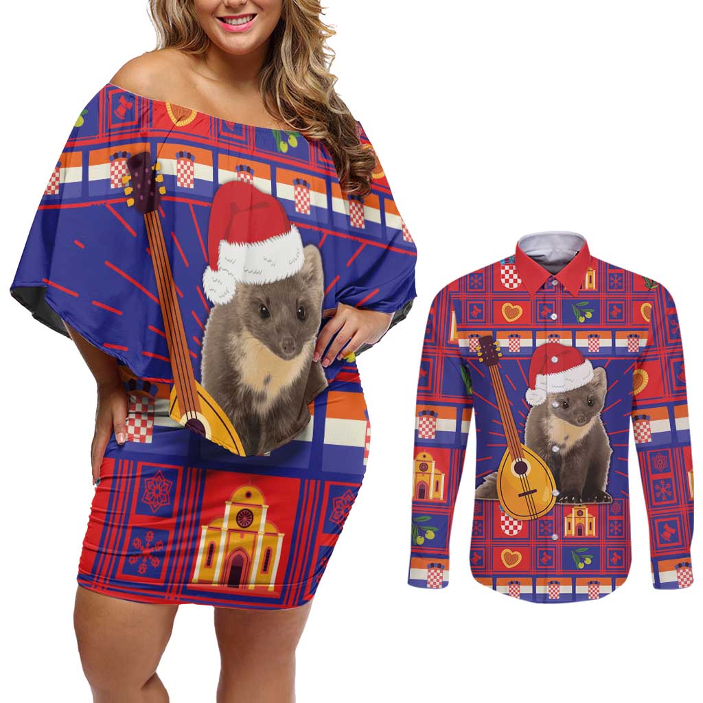 Croatia Christmas Couples Matching Off Shoulder Short Dress and Long Sleeve Button Shirt Kuna Zlatica Merry Xmas - Wonder Print Shop