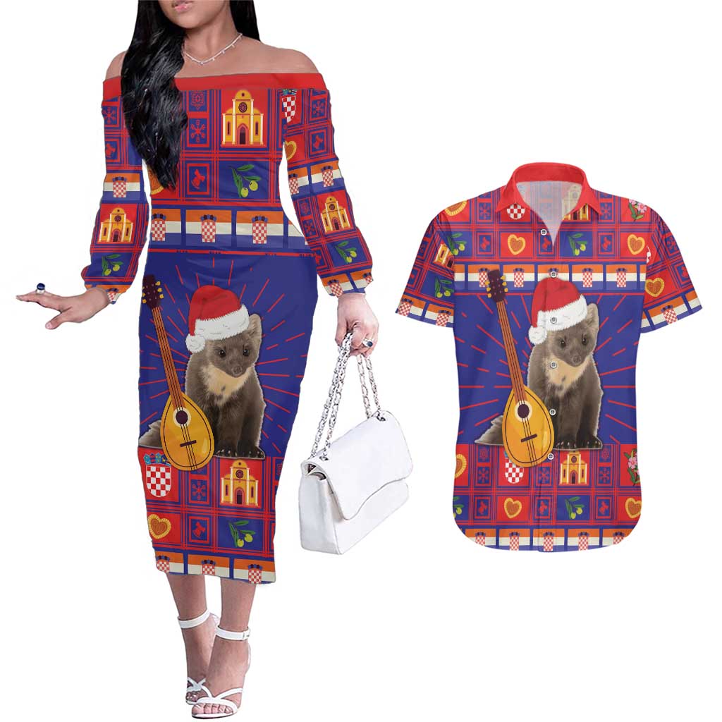 Croatia Christmas Couples Matching Off The Shoulder Long Sleeve Dress and Hawaiian Shirt Kuna Zlatica Merry Xmas - Wonder Print Shop