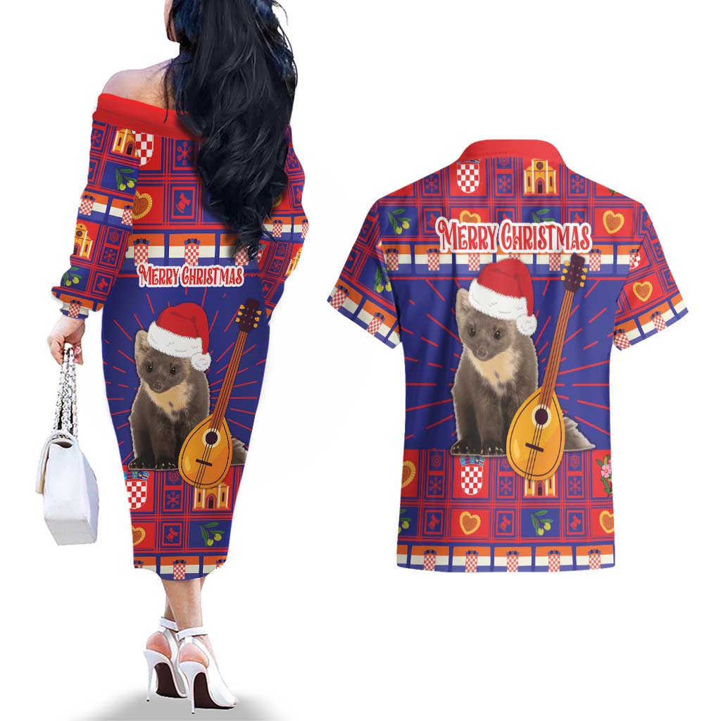Croatia Christmas Couples Matching Off The Shoulder Long Sleeve Dress and Hawaiian Shirt Kuna Zlatica Merry Xmas - Wonder Print Shop