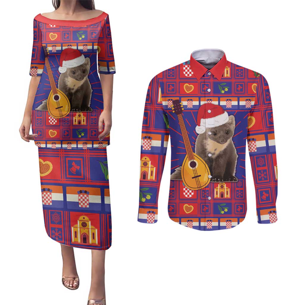 Croatia Christmas Couples Matching Puletasi and Long Sleeve Button Shirt Kuna Zlatica Merry Xmas - Wonder Print Shop