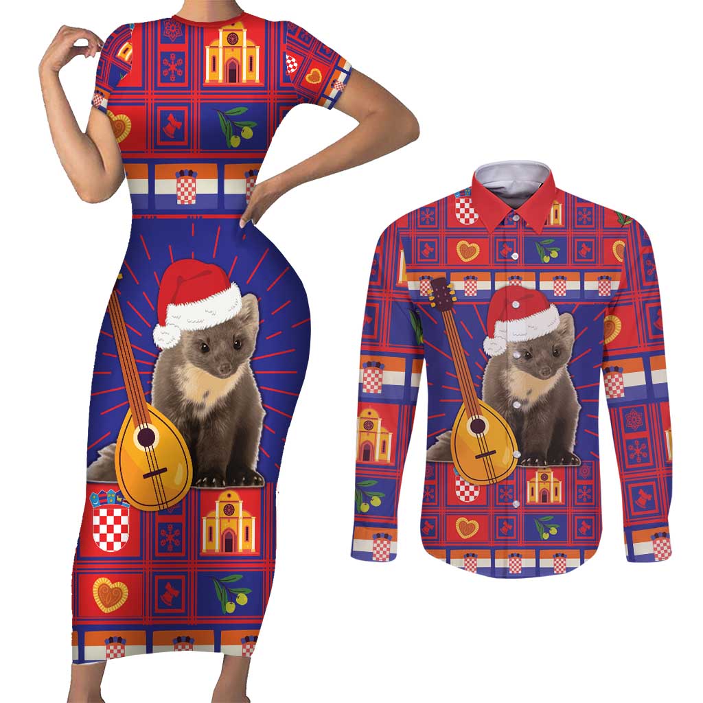 Croatia Christmas Couples Matching Short Sleeve Bodycon Dress and Long Sleeve Button Shirt Kuna Zlatica Merry Xmas - Wonder Print Shop