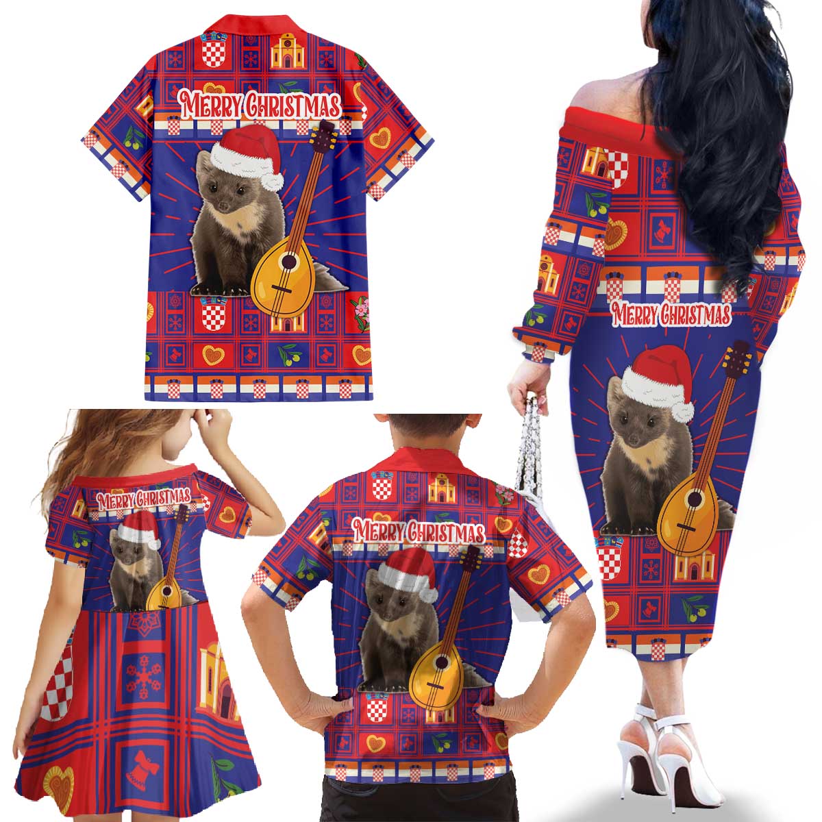 Croatia Christmas Family Matching Off The Shoulder Long Sleeve Dress and Hawaiian Shirt Kuna Zlatica Merry Xmas - Wonder Print Shop
