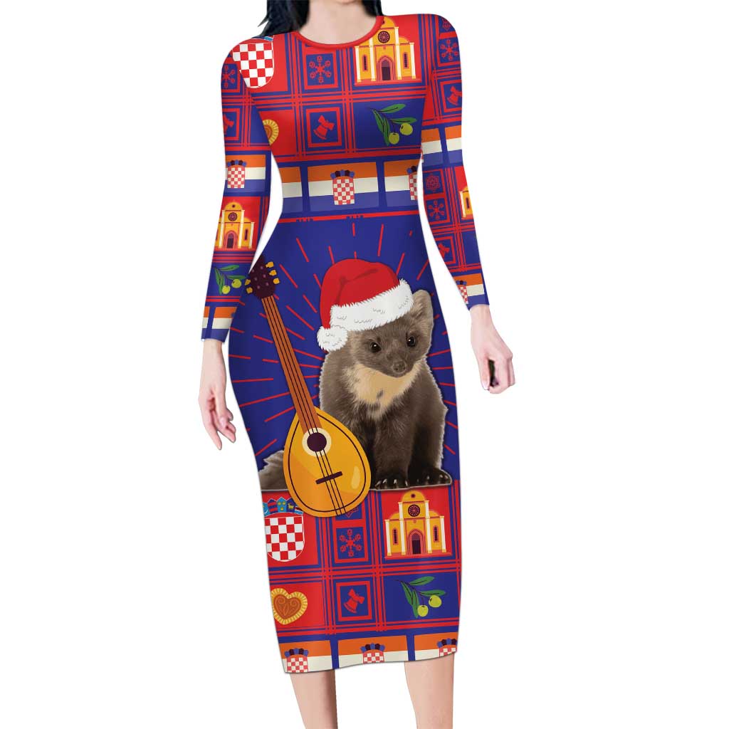 Croatia Christmas Long Sleeve Bodycon Dress Kuna Zlatica Merry Xmas - Wonder Print Shop