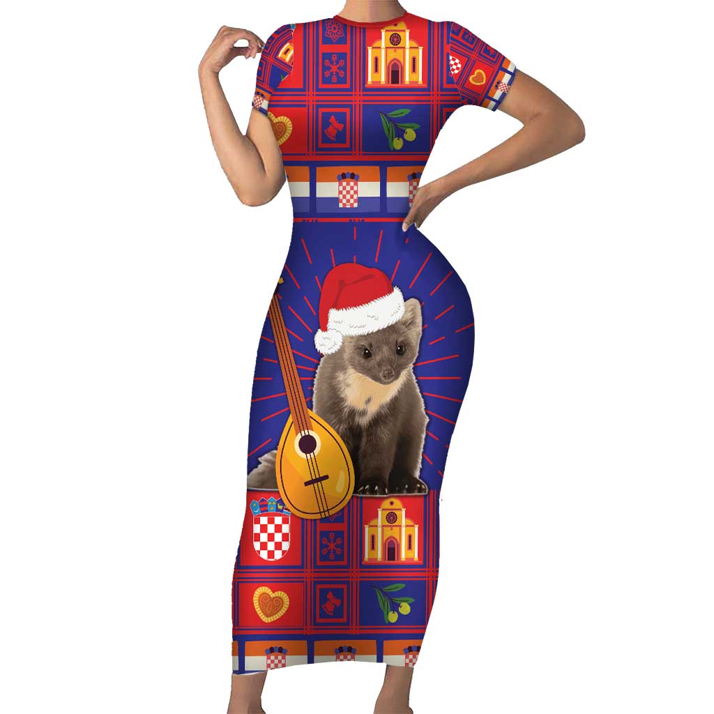 Croatia Christmas Short Sleeve Bodycon Dress Kuna Zlatica Merry Xmas - Wonder Print Shop