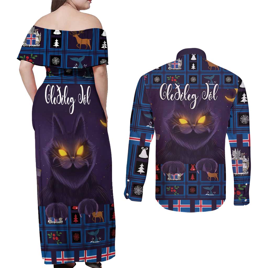 Iceland Christmas Couples Matching Off Shoulder Maxi Dress and Long Sleeve Button Shirt Yule Cat Christmas Lightning Art - Wonder Print Shop