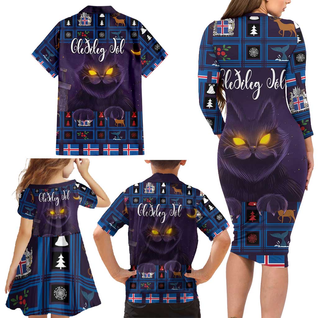 Iceland Christmas Family Matching Long Sleeve Bodycon Dress and Hawaiian Shirt Yule Cat Christmas Lightning Art - Wonder Print Shop