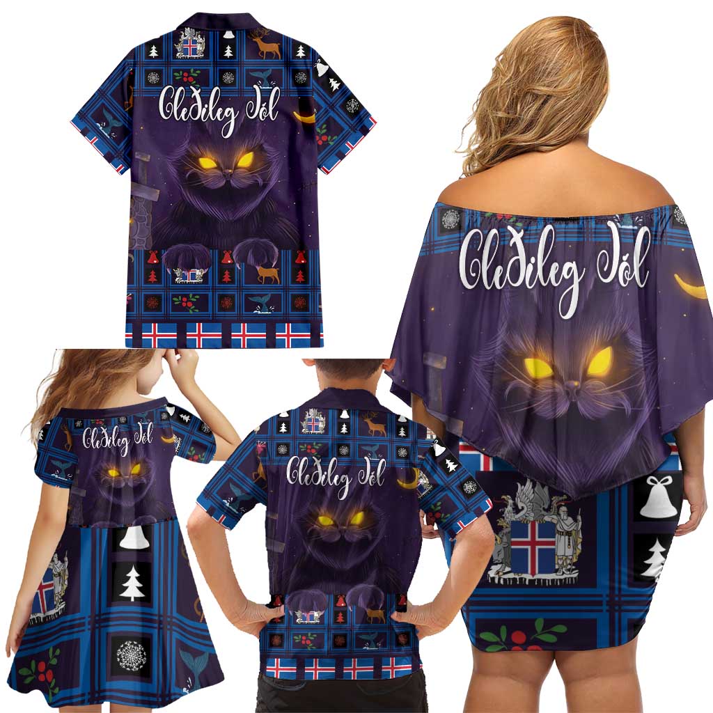 Iceland Christmas Family Matching Off Shoulder Short Dress and Hawaiian Shirt Yule Cat Christmas Lightning Art - Wonder Print Shop