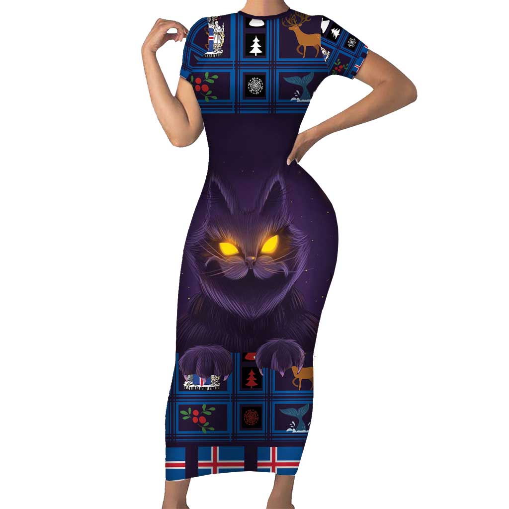 Iceland Christmas Short Sleeve Bodycon Dress Yule Cat Christmas Lightning Art - Wonder Print Shop