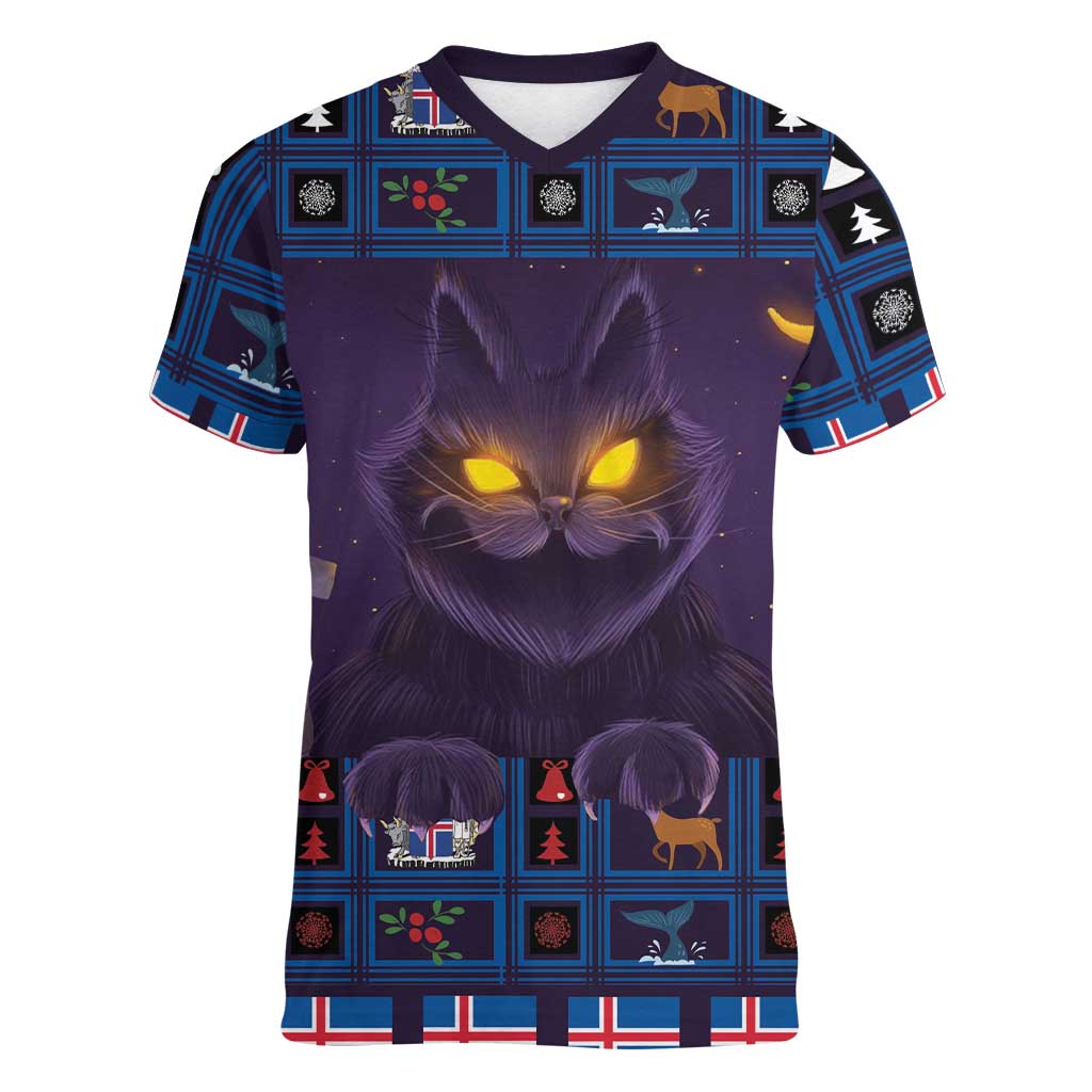 Iceland Christmas Women V-Neck T-Shirt Yule Cat Christmas Lightning Art - Wonder Print Shop