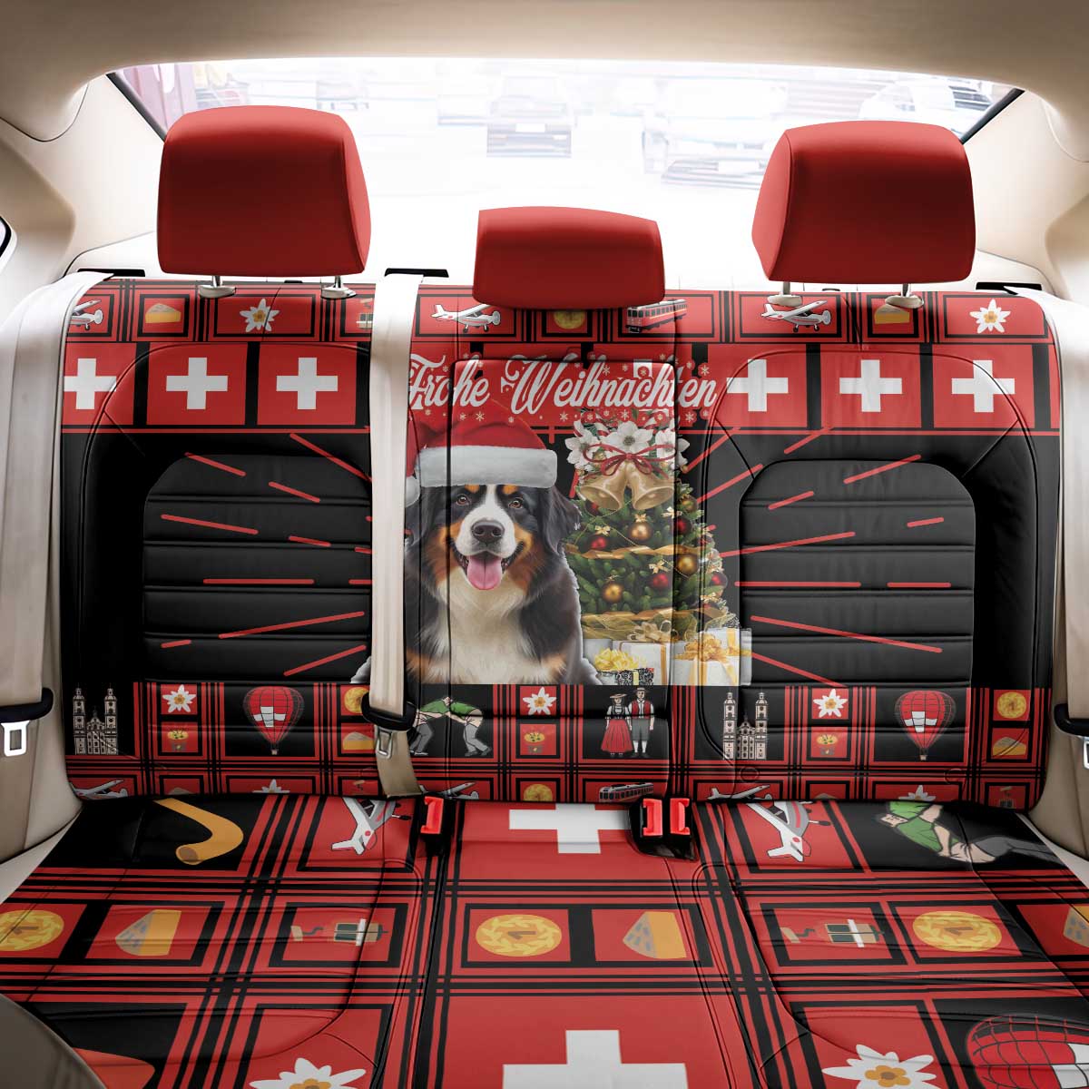 Merry Christmas Bernese Mountain Dog Back Car Seat Cover Switzerland Symbols - Lightning Art - Wonder Print Shop