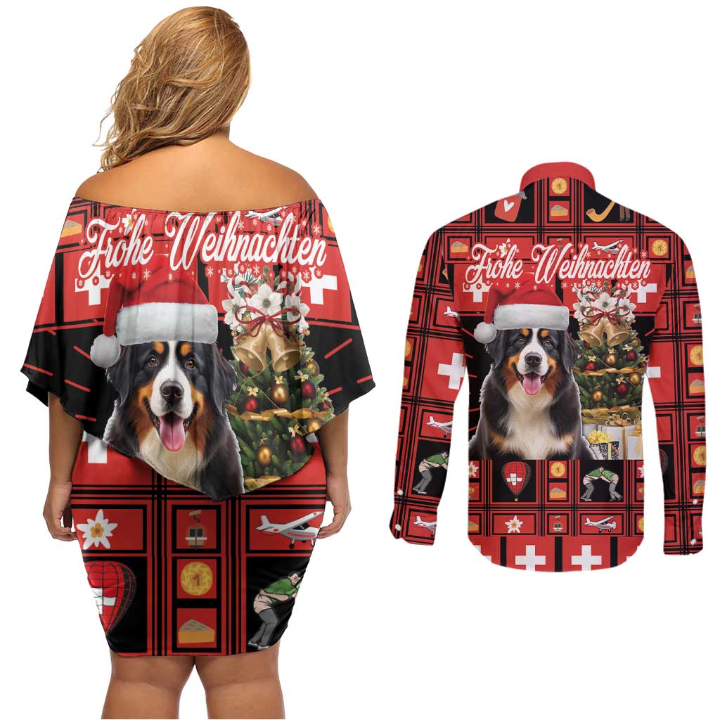 Merry Christmas Bernese Mountain Dog Couples Matching Off Shoulder Short Dress and Long Sleeve Button Shirt Switzerland Symbols - Lightning Art - Wonder Print Shop