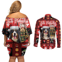 Merry Christmas Bernese Mountain Dog Couples Matching Off Shoulder Short Dress and Long Sleeve Button Shirt Switzerland Symbols - Lightning Art - Wonder Print Shop