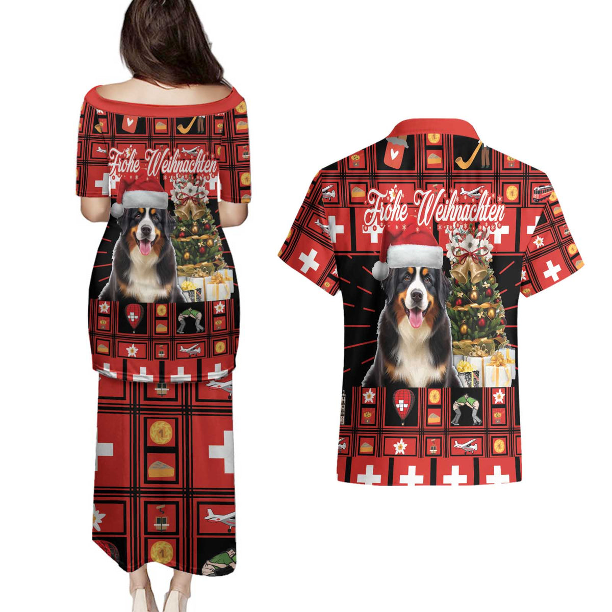 Merry Christmas Bernese Mountain Dog Couples Matching Puletasi and Hawaiian Shirt Switzerland Symbols - Lightning Art - Wonder Print Shop