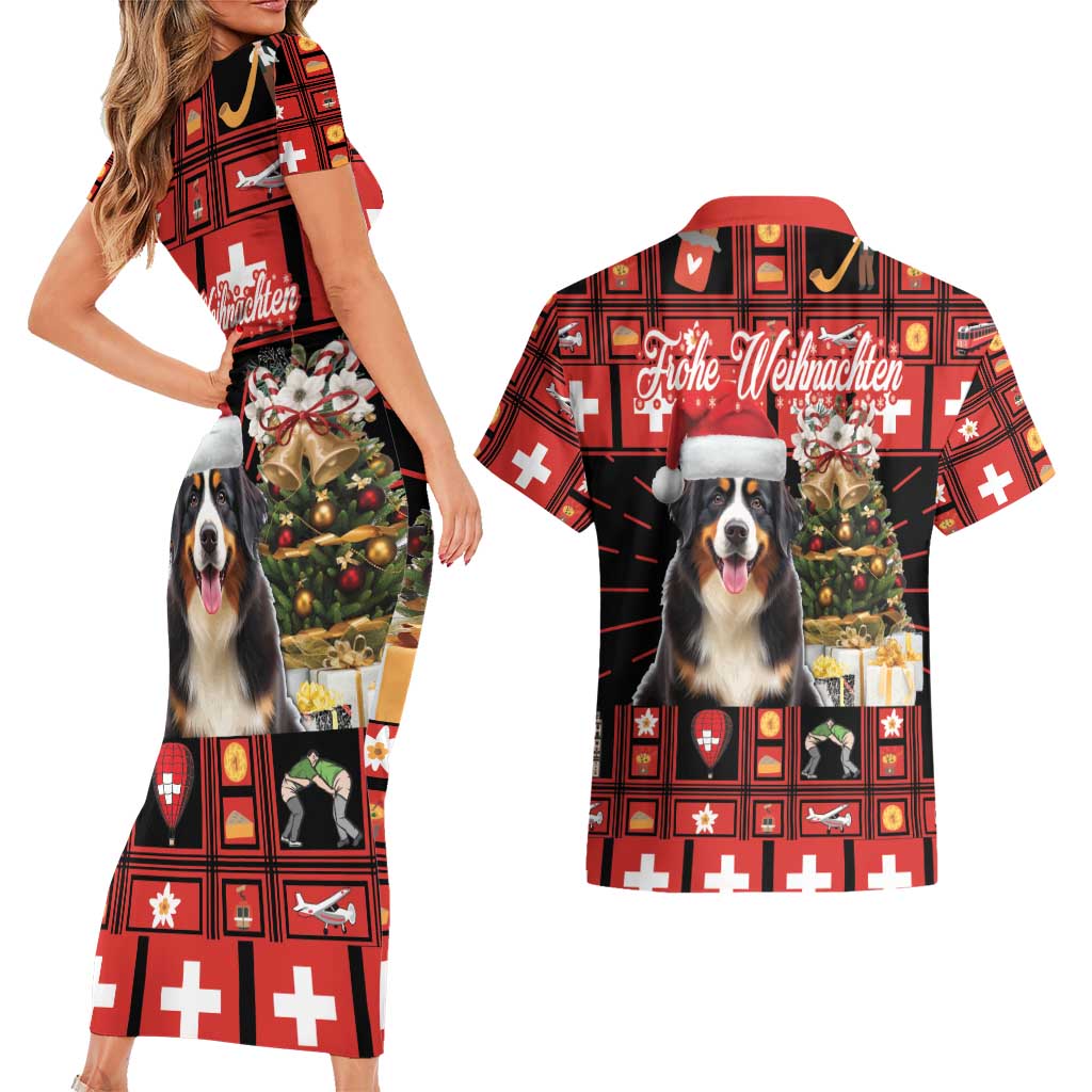 Merry Christmas Bernese Mountain Dog Couples Matching Short Sleeve Bodycon Dress and Hawaiian Shirt Switzerland Symbols - Lightning Art - Wonder Print Shop