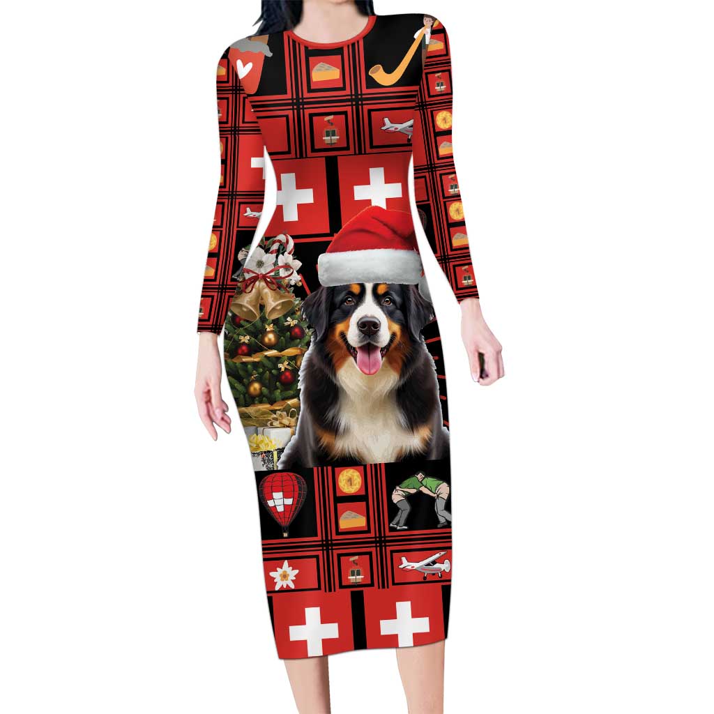 Merry Christmas Bernese Mountain Dog Family Matching Long Sleeve Bodycon Dress and Hawaiian Shirt Switzerland Symbols - Lightning Art - Wonder Print Shop