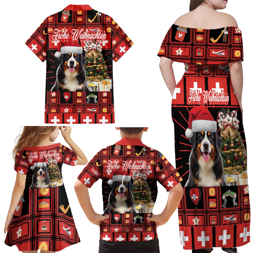 Merry Christmas Bernese Mountain Dog Family Matching Off Shoulder Maxi Dress and Hawaiian Shirt Switzerland Symbols - Lightning Art - Wonder Print Shop