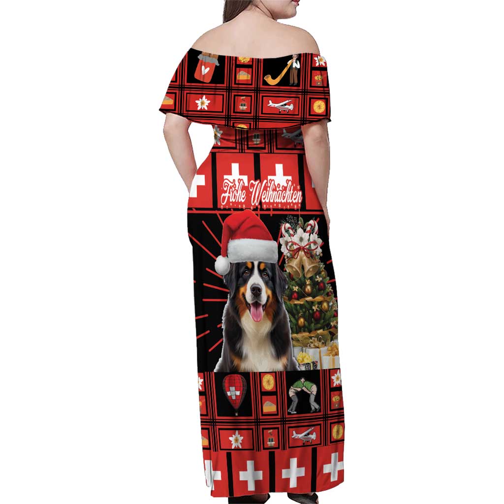 Merry Christmas Bernese Mountain Dog Family Matching Off Shoulder Maxi Dress and Hawaiian Shirt Switzerland Symbols - Lightning Art - Wonder Print Shop