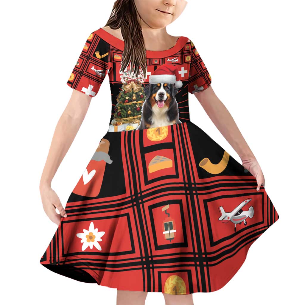 Merry Christmas Bernese Mountain Dog Family Matching Off Shoulder Short Dress and Hawaiian Shirt Switzerland Symbols - Lightning Art - Wonder Print Shop