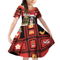 Merry Christmas Bernese Mountain Dog Family Matching Off Shoulder Short Dress and Hawaiian Shirt Switzerland Symbols - Lightning Art - Wonder Print Shop
