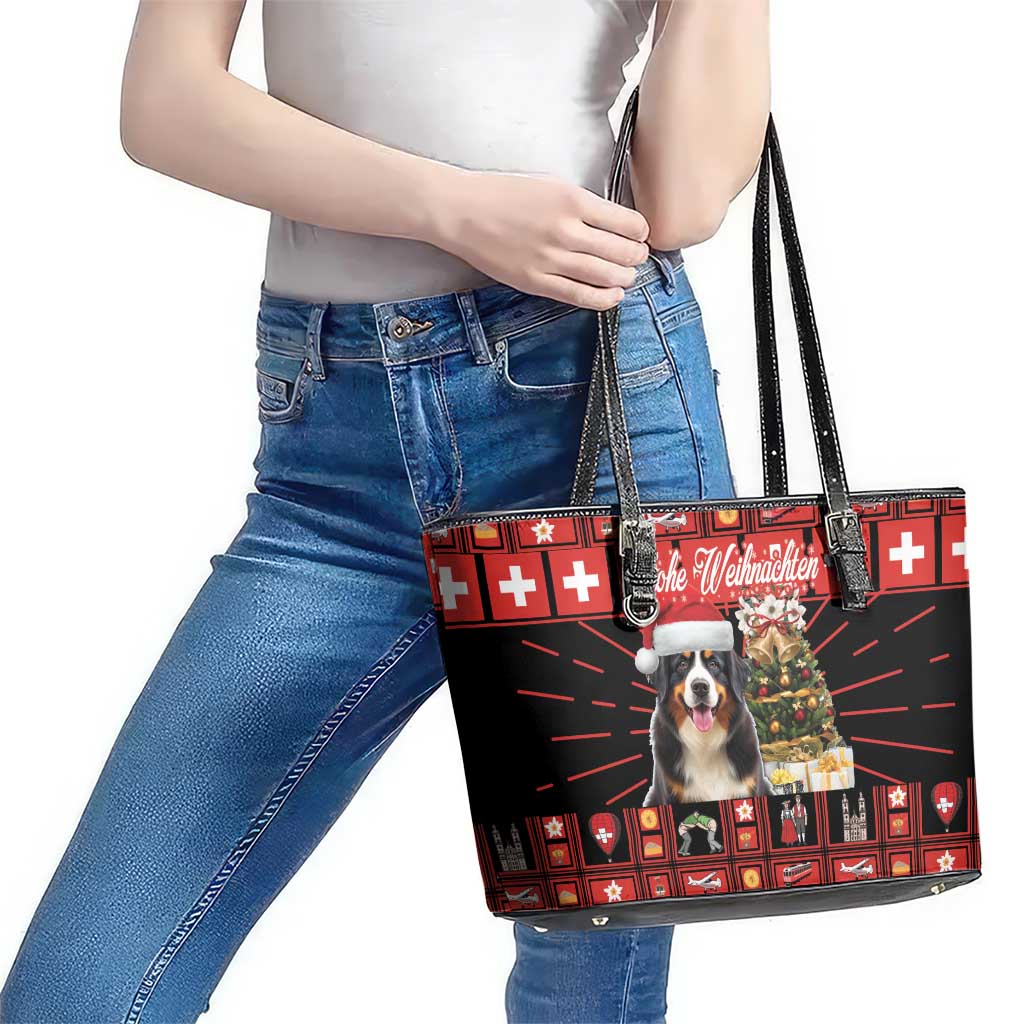 Merry Christmas Bernese Mountain Dog Leather Tote Bag Switzerland Symbols - Lightning Art - Wonder Print Shop