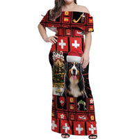 Merry Christmas Bernese Mountain Dog Off Shoulder Maxi Dress Switzerland Symbols - Lightning Art - Wonder Print Shop