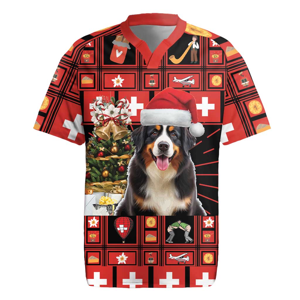 Merry Christmas Bernese Mountain Dog Rugby Jersey Switzerland Symbols - Lightning Art - Wonder Print Shop