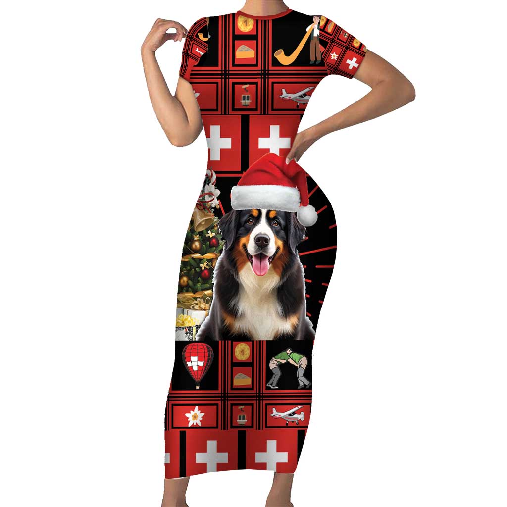 Merry Christmas Bernese Mountain Dog Short Sleeve Bodycon Dress Switzerland Symbols - Lightning Art - Wonder Print Shop