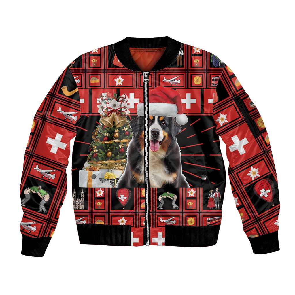 Merry Christmas Bernese Mountain Dog Sleeve Zip Bomber Jacket Switzerland Symbols - Lightning Art - Wonder Print Shop