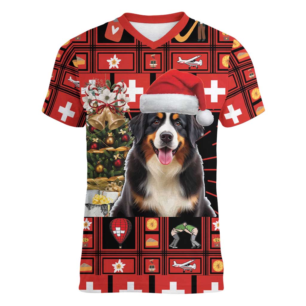 Merry Christmas Bernese Mountain Dog Women V-Neck T-Shirt Switzerland Symbols - Lightning Art - Wonder Print Shop
