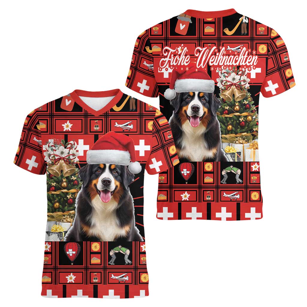 Merry Christmas Bernese Mountain Dog Women V-Neck T-Shirt Switzerland Symbols - Lightning Art - Wonder Print Shop