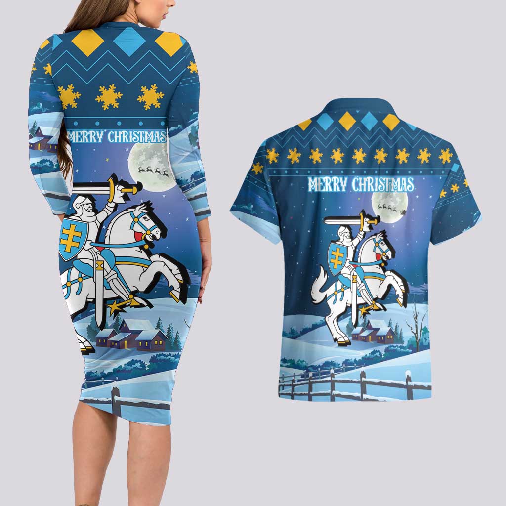 Lithuania Christmas Couples Matching Long Sleeve Bodycon Dress and Hawaiian Shirt Coat Of Arms Merry Xmas - Wonder Print Shop