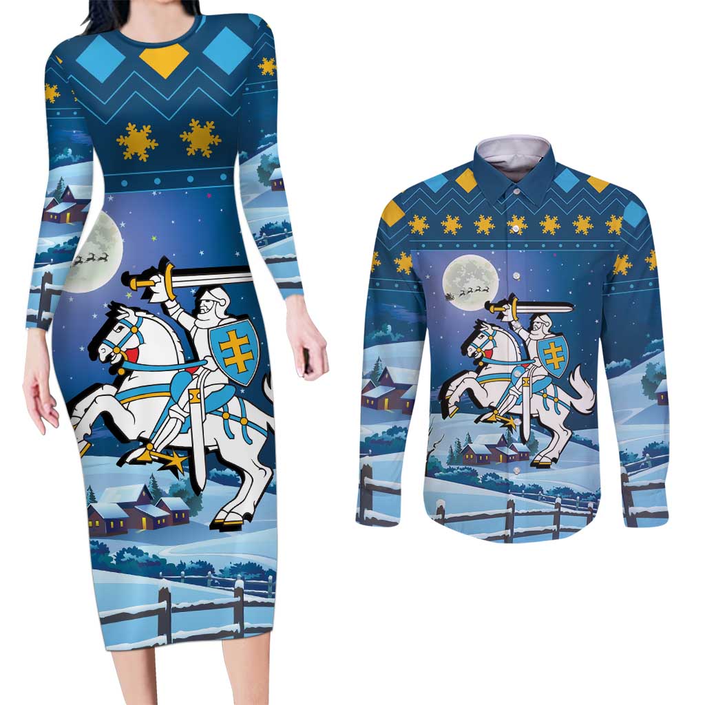 Lithuania Christmas Couples Matching Long Sleeve Bodycon Dress and Long Sleeve Button Shirt Coat Of Arms Merry Xmas - Wonder Print Shop