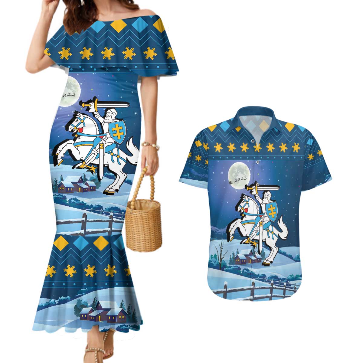Lithuania Christmas Couples Matching Mermaid Dress and Hawaiian Shirt Coat Of Arms Merry Xmas - Wonder Print Shop